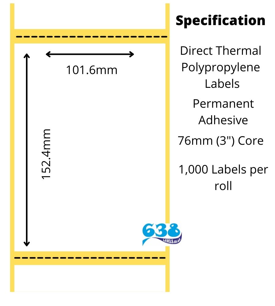 101.6 x 152.4mm Direct Thermal Polypropylene Labels for industrial label printer and are manufactured on a 76mm (3") core