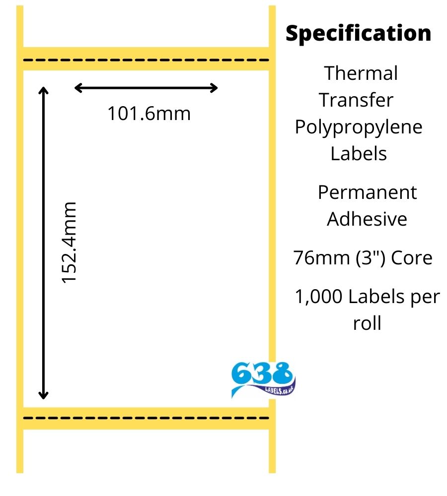 101.6 x 152.4mm white polypropylene thermal transfer labels manufactured on 76mm (3") cores for industrial thermal transfer label printers.