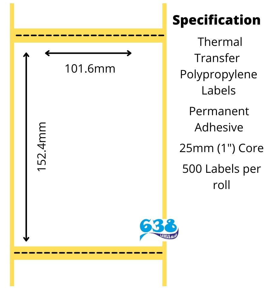 101.6 x 152.4mm White PP Thermal Transfer Labels - 3,000 Labels - 500 per roll - 25mm core for desktop thermal transfer label printers