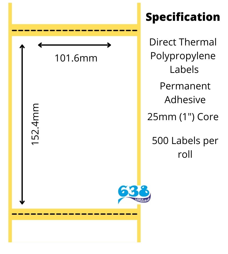 101.6 x 152.4mm Direct Thermal Polypropylene Labels - 3,000 Labels - 500 per roll - 25mm core for desktop direct thermal label printers