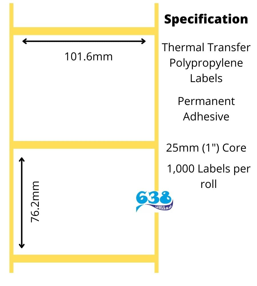 101.6 x 76.2mm White PP Thermal Transfer Labels - 25mm (1") core for desktop thermal transfer printers