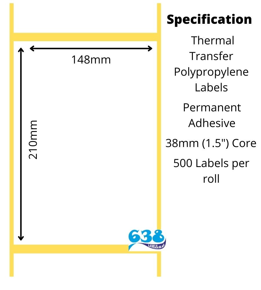 Gloss white</span> polypropylene 148 x 210mm thermal transfer labels for desktop label printers  on 38mm (1.5") cores