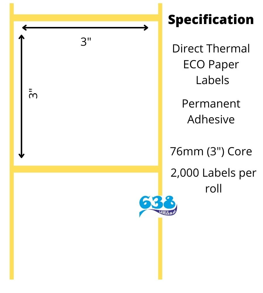 3 x 3" Direct Thermal Labels for industrial label printers with a 76mm (3") core