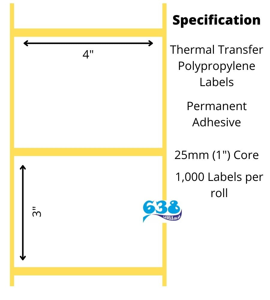 4 x 3" White PP Thermal Transfer Labels - 25mm core - desktop thermal transfer label printers