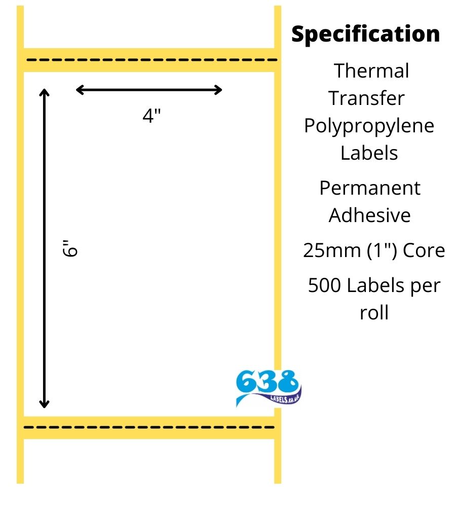 4 x 6" White PP Thermal Transfer Labels - 3,000 Labels - 500 per roll - 25mm core for desktop thermal transfer label printers