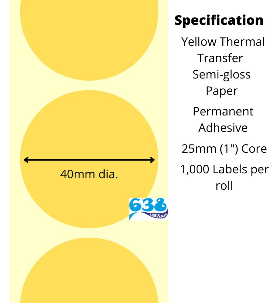 40mm dia. Yellow Thermal Transfer Labels - Semi-Gloss Paper - 5,000 Labels, 1,000 per roll - 25mm core