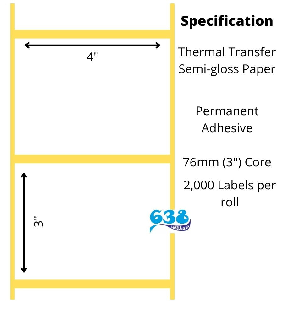 4 x 3" thermal transfer labels, semi-glosss paper manufactured on 76mm (3") cores for industrial thermal transfer label printers.