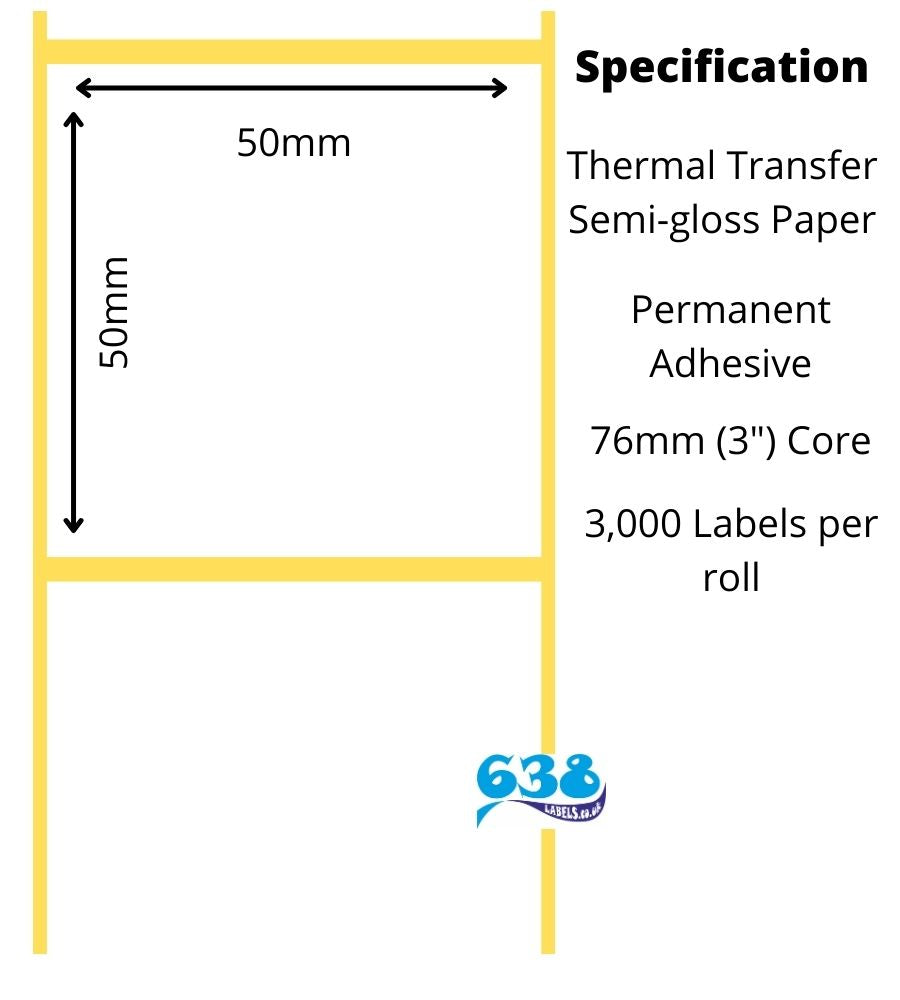 50 x 50mm thermal transfer labels, semi-glosss paper manufactured on 76mm (3") cores for industrial thermal transfer label printers