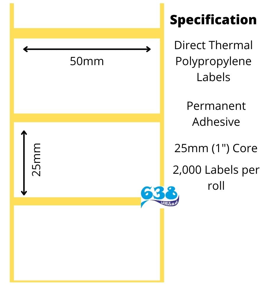 50 x 25mm direct thermal polypropylene labels manufactured on 25mm (1") cores for desktop direct thermal label printers