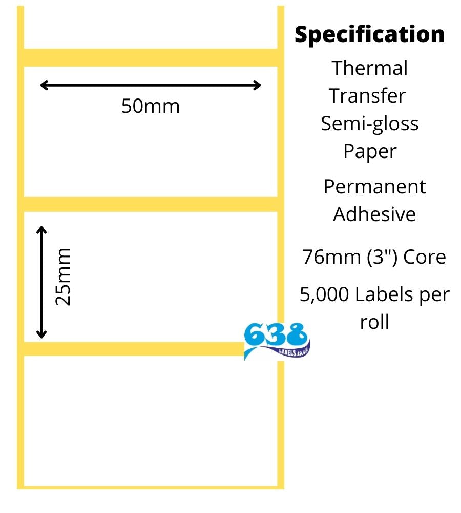 Semi-gloss 50 x 25mm thermal transfer labels for industrial label printers om 76mm (3") cores