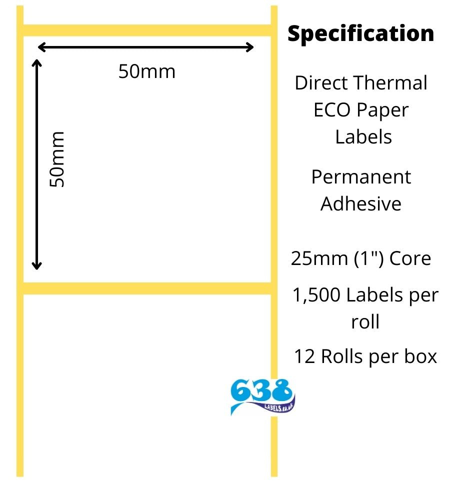 50 x 50mm direct thermal eco labels on a 25mm (1") core for desktop label printers