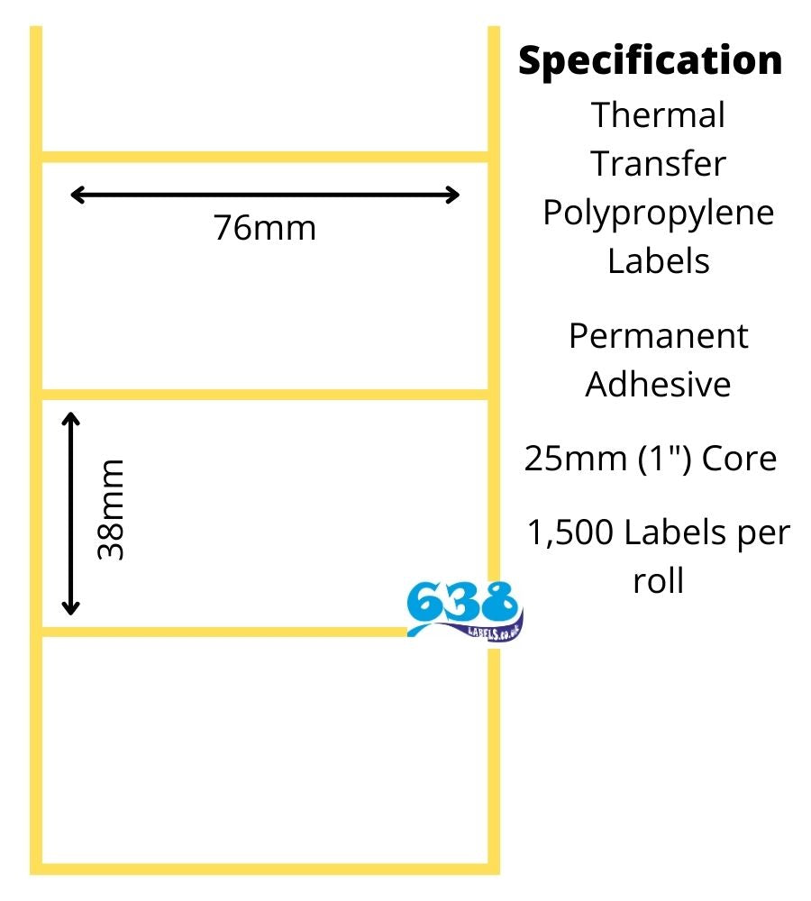 76 x 38mm Gloss White Thermal Transfer Polypropylene Labels With Permanent Adhesive on 25mm Cores for desktop thermal transfer label printers