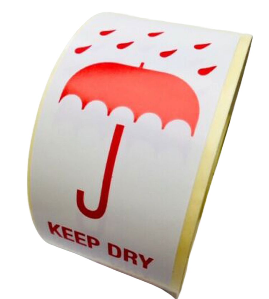 KEEP DRY labels / stickers which are supplied on rolls for ease of use and storage with dimensions of 100 x 50mm